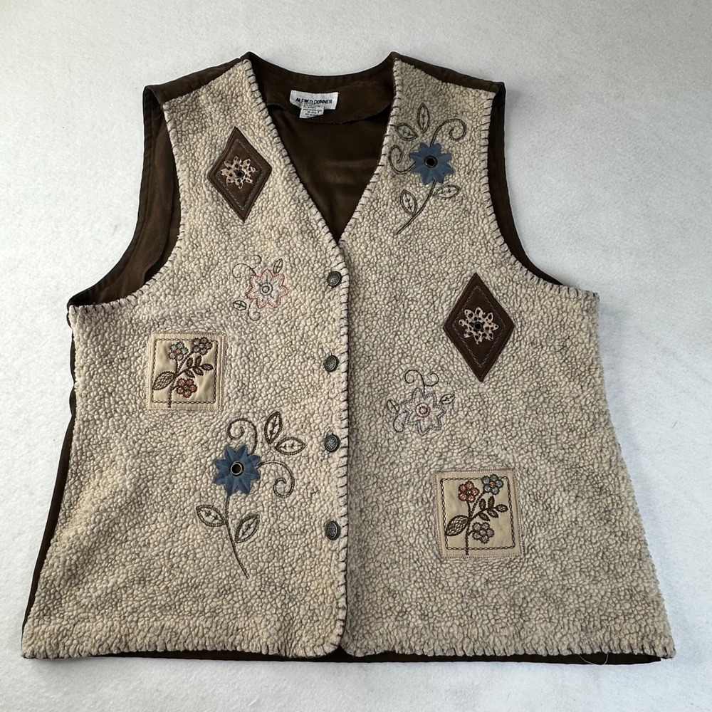 Alfred‎ Dunner Women's Cream Sherpa Floral Embroidered Button Vest Size L